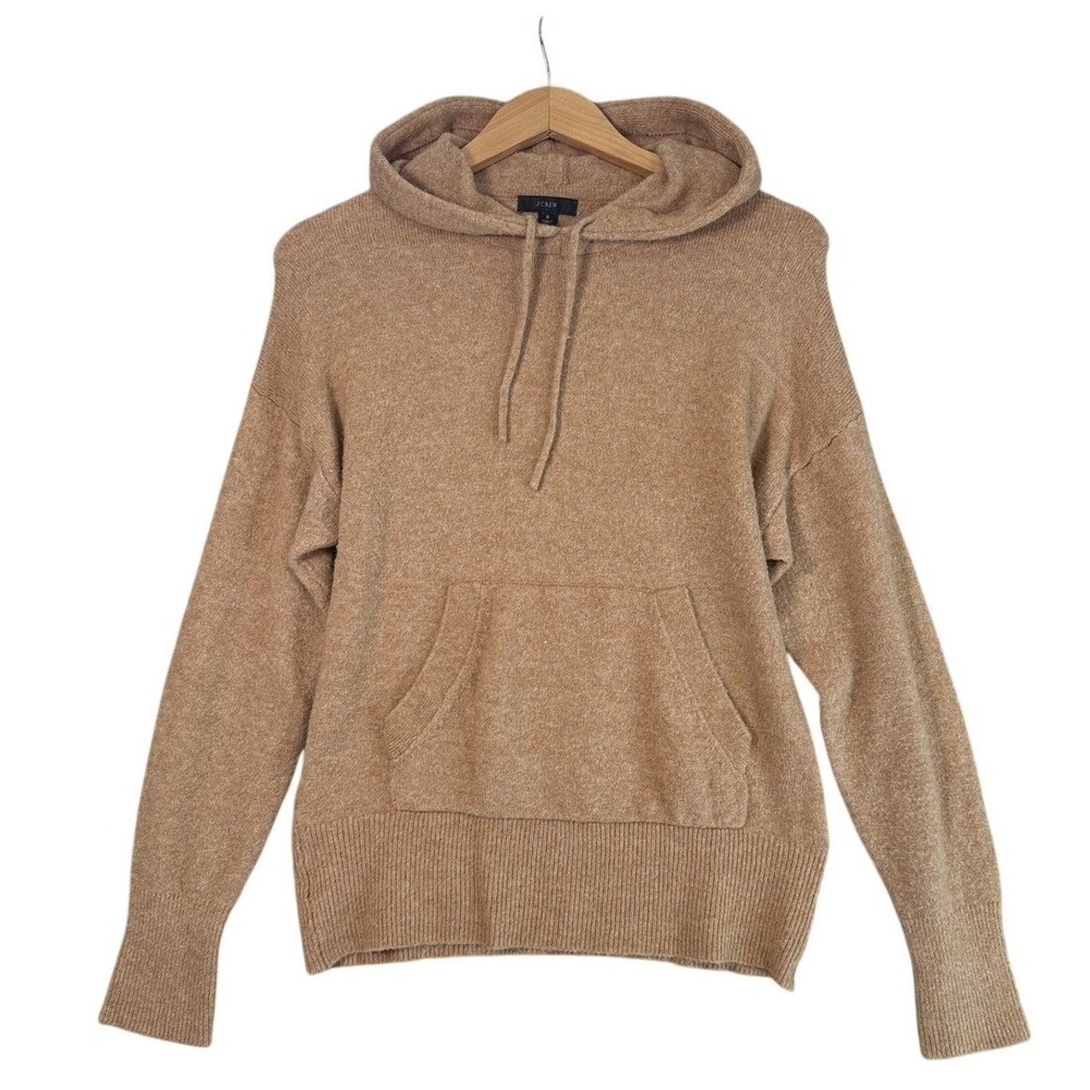 J.Crew Wool Alpaca Hooded Sweater Womens S Tan Fuzzy Soft Cozy Pullover